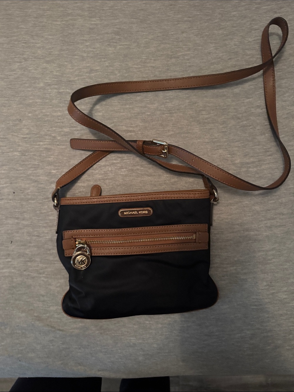 Michael Kors Black Nylon Crossbody with Brown Trim and Gold Hardware